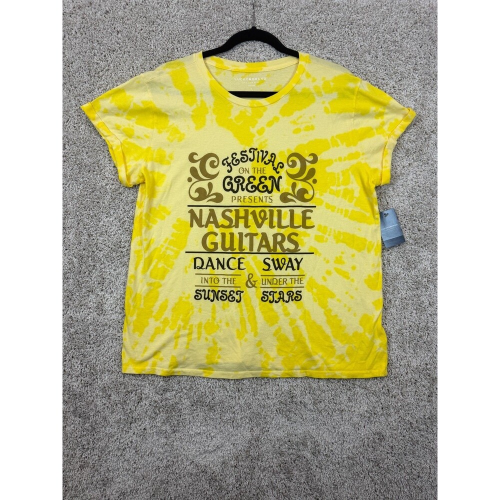NWT Lucky Brand Womens L Yellow Tie Dye Nashville Guitars Graphic T-Shirt Tee